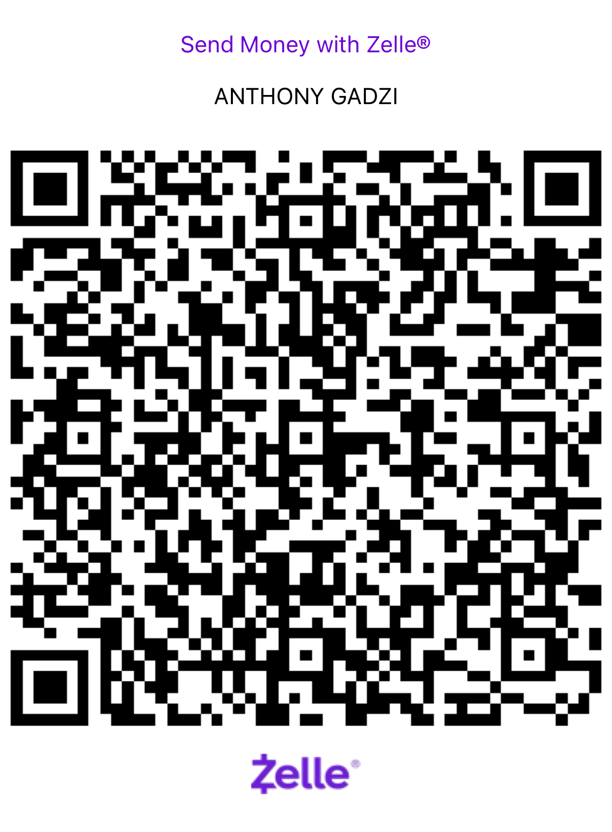 Zelle payment QR code for Anthony Gadzi